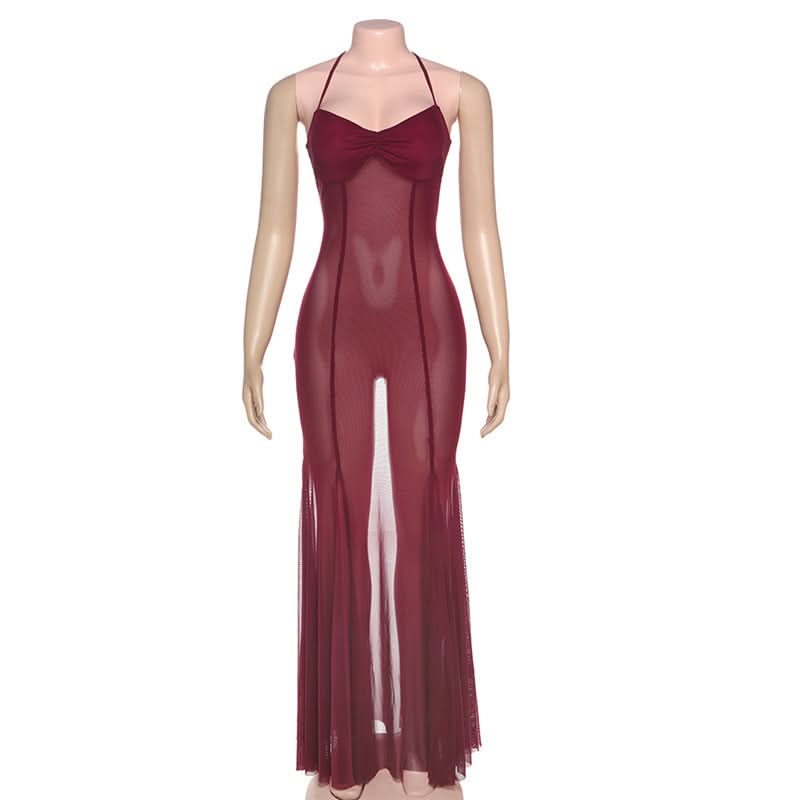Captivating Burgundy Sheer Mesh Halter Maxi Dress - Your Daring Fall & Holiday Statement Piece
