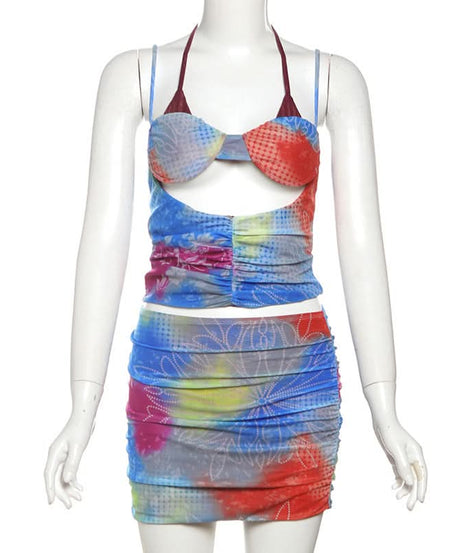 Vibrant Tie-Dye Cutout Ruched Halter Top & Mini Skirt Set - Y2K Party & Vacation Style