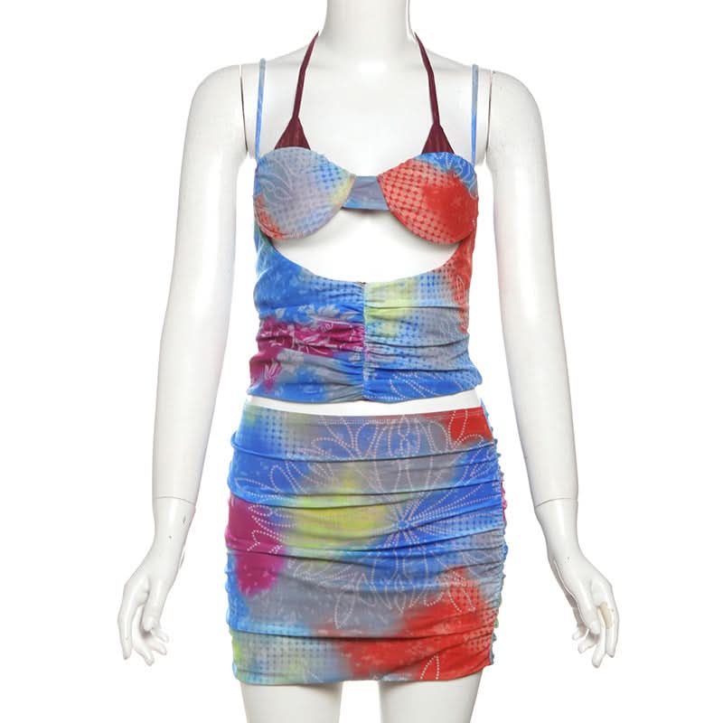 Vibrant Tie-Dye Cutout Ruched Halter Top & Mini Skirt Set - Y2K Party & Vacation Style