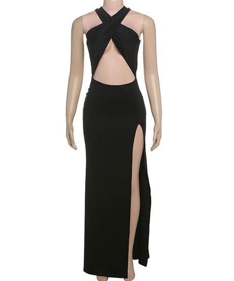Head-Turning Black Halter Cutout Maxi Dress with Slit - Perfect for Holiday Parties & NYE
