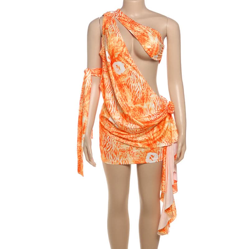 Vibrant Orange One-Shoulder Draped Mini Dress - Fall Party & Tropical Escape Ready