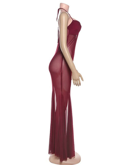 Captivating Burgundy Sheer Mesh Halter Maxi Dress - Your Daring Fall & Holiday Statement Piece