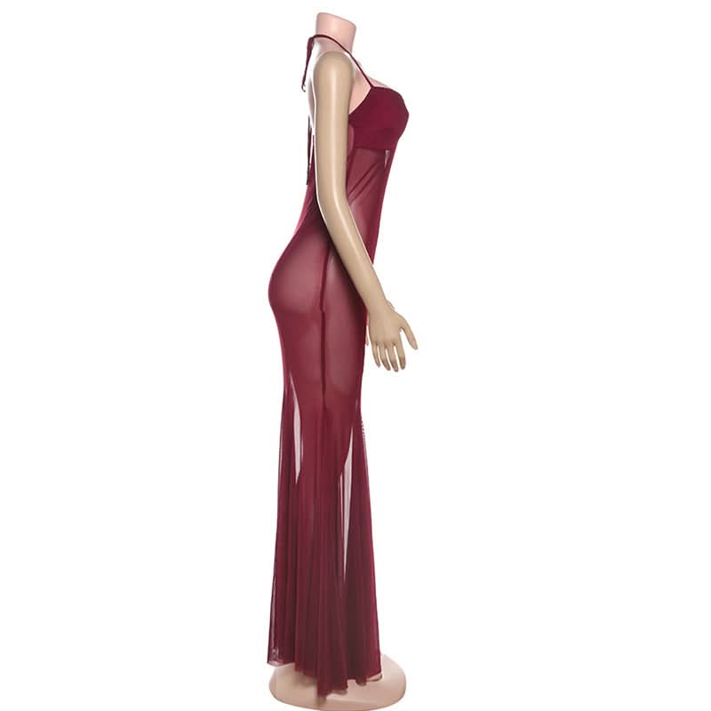 Captivating Burgundy Sheer Mesh Halter Maxi Dress - Your Daring Fall & Holiday Statement Piece
