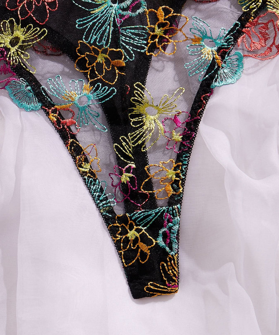 Vibrant Bloom Embroidered Mesh Bodysuit – Your Chic Fall & Holiday Statement Piece