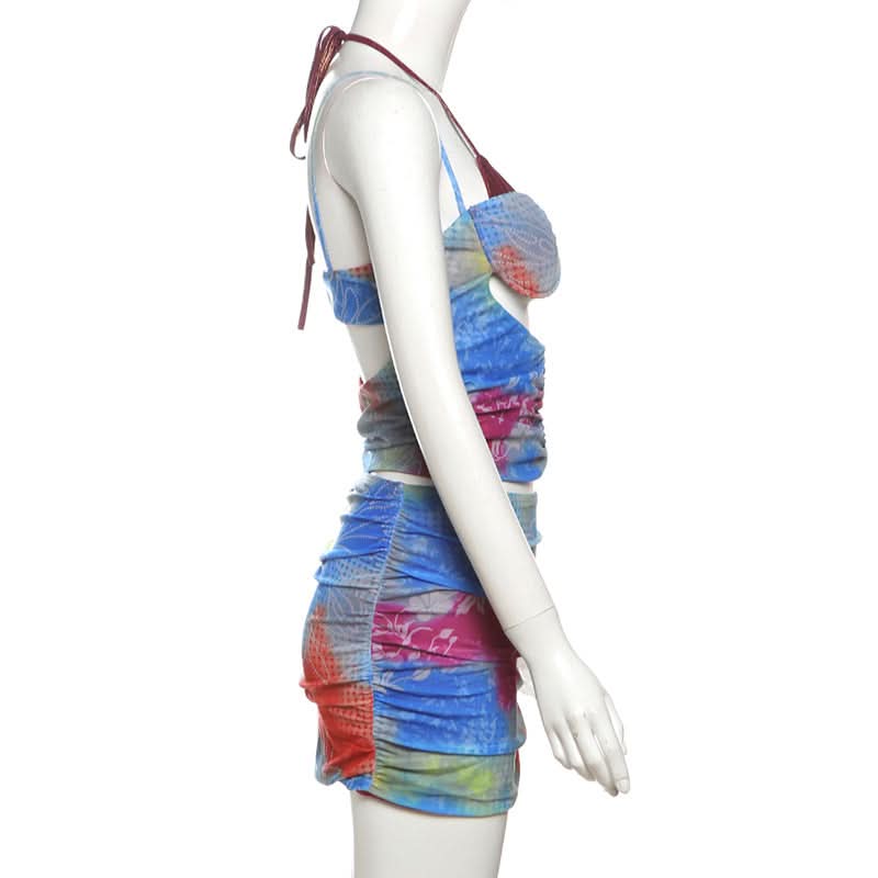 Vibrant Tie-Dye Cutout Ruched Halter Top & Mini Skirt Set - Y2K Party & Vacation Style