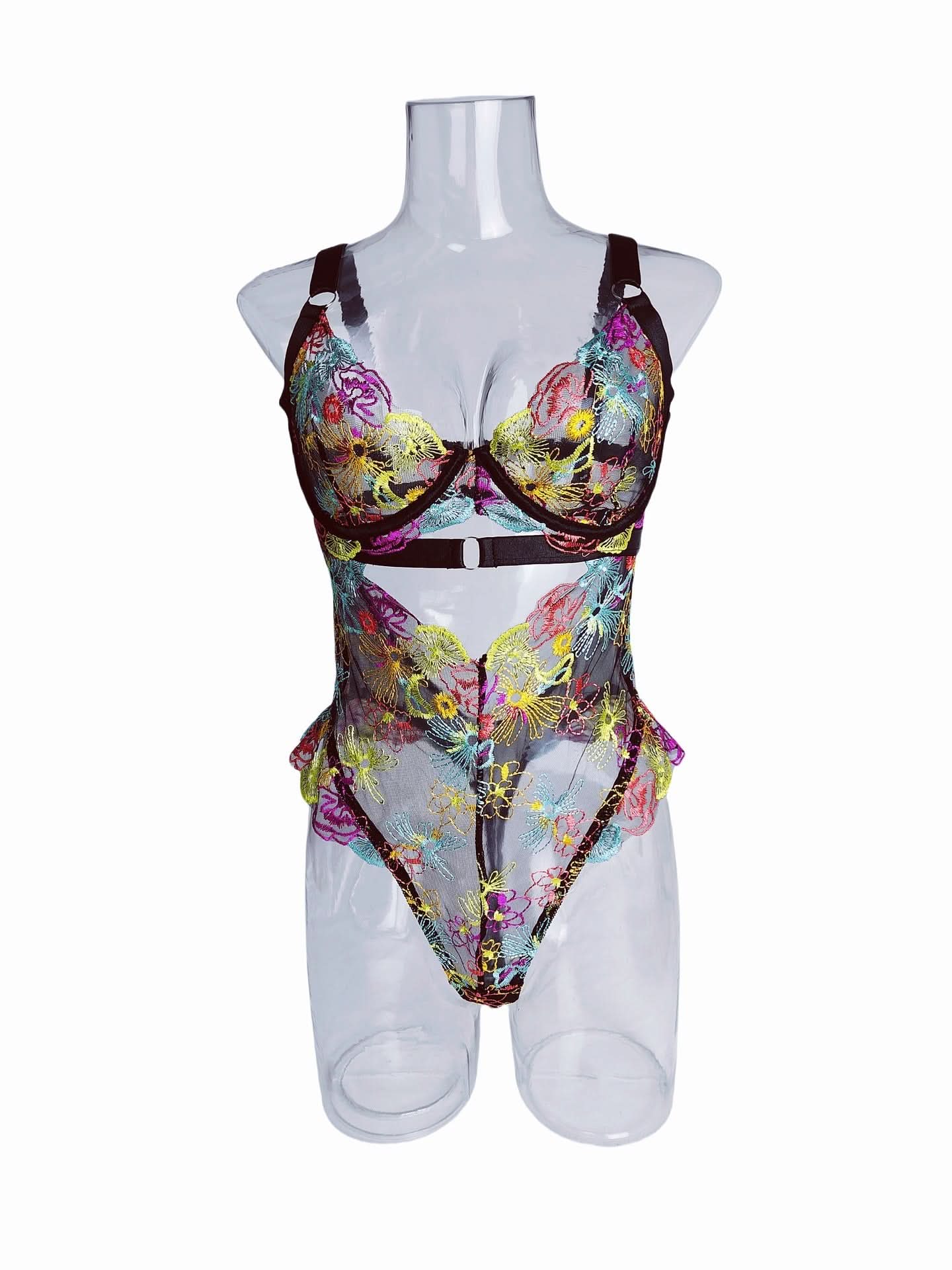 Vibrant Bloom Embroidered Mesh Bodysuit – Your Chic Fall & Holiday Statement Piece