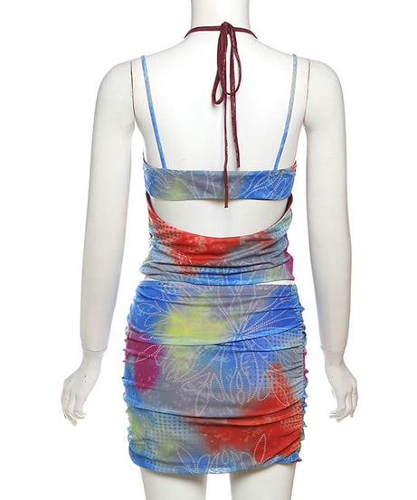 Vibrant Tie-Dye Cutout Ruched Halter Top & Mini Skirt Set - Y2K Party & Vacation Style
