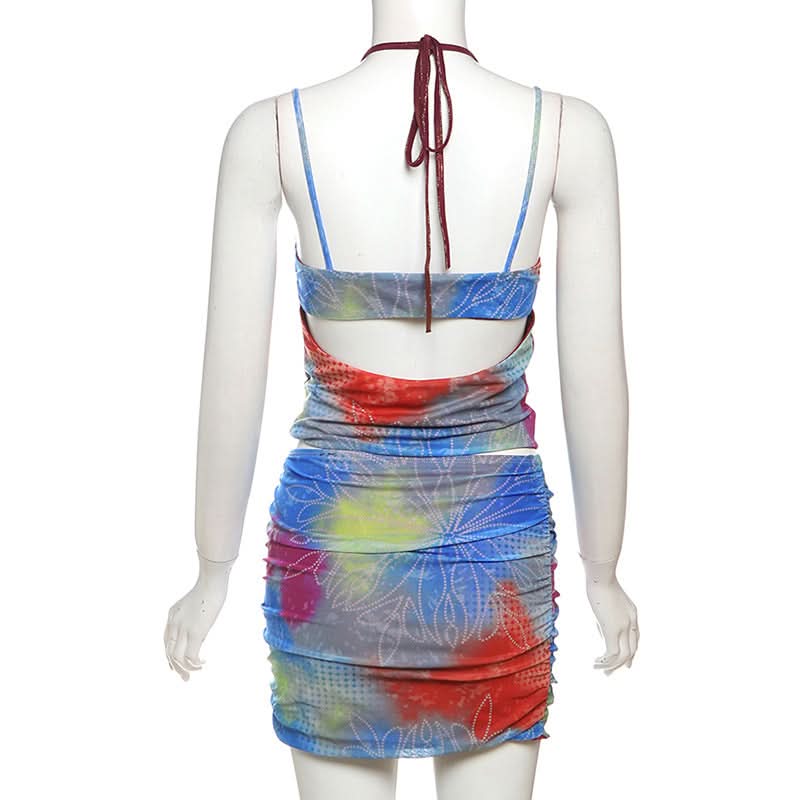 Vibrant Tie-Dye Cutout Ruched Halter Top & Mini Skirt Set - Y2K Party & Vacation Style