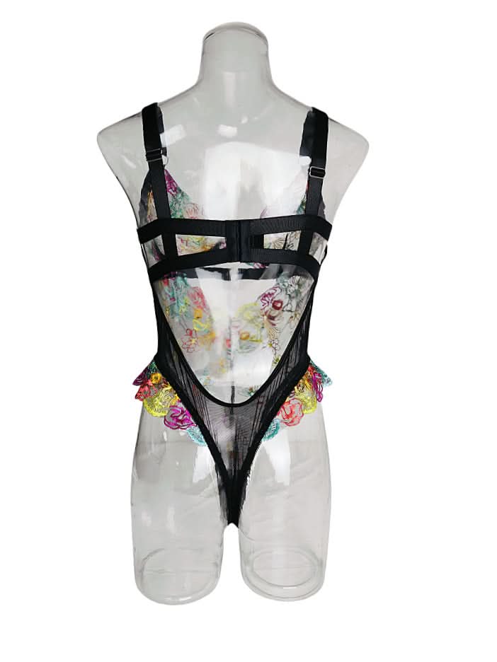 Vibrant Bloom Embroidered Mesh Bodysuit – Your Chic Fall & Holiday Statement Piece