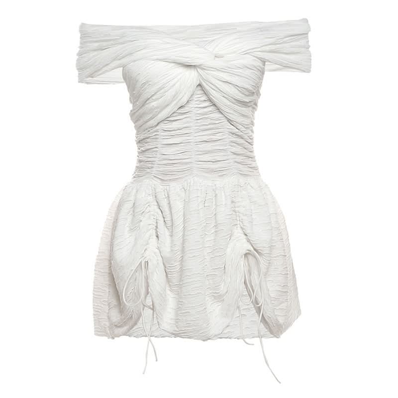 Effortless Chic: White Textured Off-Shoulder Ruched Mini Dress - Perfect for Fall Vacations & Holiday Soirées