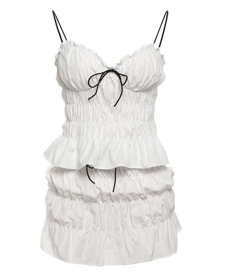Flirty Coquette White Ruffle Mini Skirt Set - Ruched Spaghetti Strap Top & Tiered Skirt for Vacation & Halloween