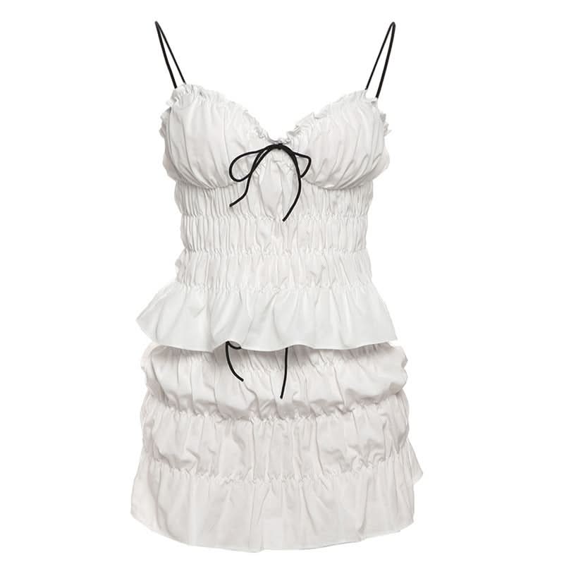 Flirty Coquette White Ruffle Mini Skirt Set - Ruched Spaghetti Strap Top & Tiered Skirt for Vacation & Halloween