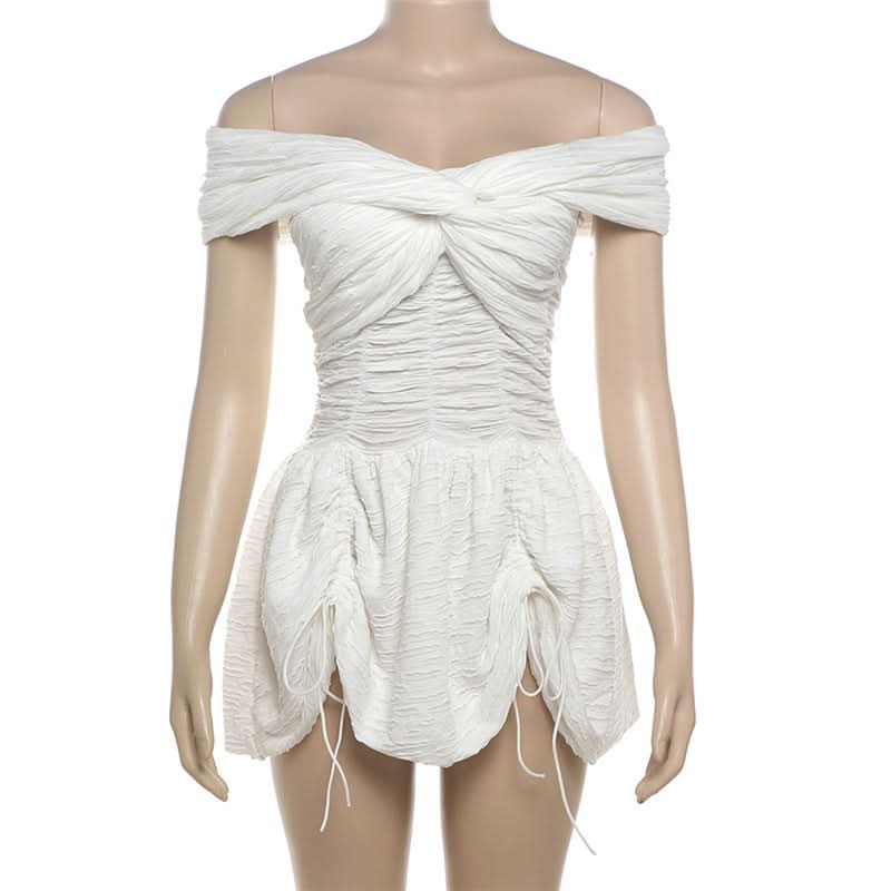 Effortless Chic: White Textured Off-Shoulder Ruched Mini Dress - Perfect for Fall Vacations & Holiday Soirées