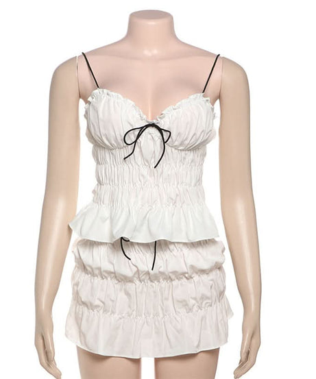 Flirty Coquette White Ruffle Mini Skirt Set - Ruched Spaghetti Strap Top & Tiered Skirt for Vacation & Halloween
