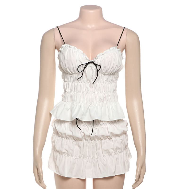 Flirty Coquette White Ruffle Mini Skirt Set - Ruched Spaghetti Strap Top & Tiered Skirt for Vacation & Halloween