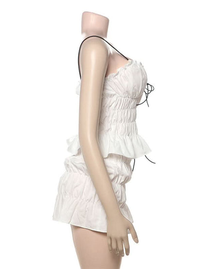 Flirty Coquette White Ruffle Mini Skirt Set - Ruched Spaghetti Strap Top & Tiered Skirt for Vacation & Halloween