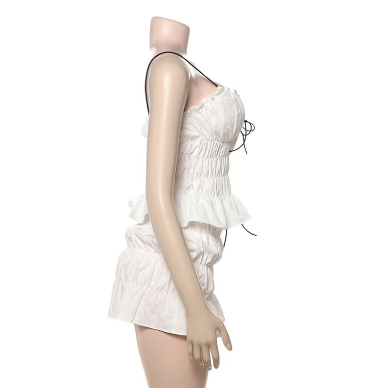 Flirty Coquette White Ruffle Mini Skirt Set - Ruched Spaghetti Strap Top & Tiered Skirt for Vacation & Halloween
