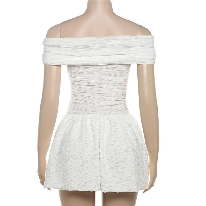Effortless Chic: White Textured Off-Shoulder Ruched Mini Dress - Perfect for Fall Vacations & Holiday Soirées