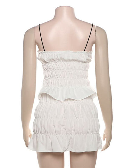 Flirty Coquette White Ruffle Mini Skirt Set - Ruched Spaghetti Strap Top & Tiered Skirt for Vacation & Halloween