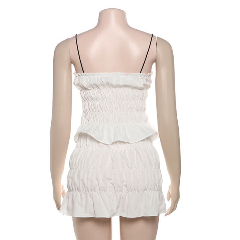 Flirty Coquette White Ruffle Mini Skirt Set - Ruched Spaghetti Strap Top & Tiered Skirt for Vacation & Halloween