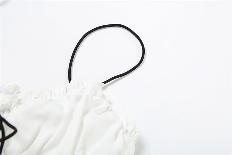 Flirty Coquette White Ruffle Mini Skirt Set - Ruched Spaghetti Strap Top & Tiered Skirt for Vacation & Halloween