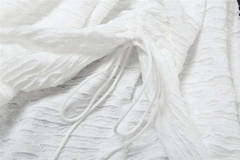 Effortless Chic: White Textured Off-Shoulder Ruched Mini Dress - Perfect for Fall Vacations & Holiday Soirées