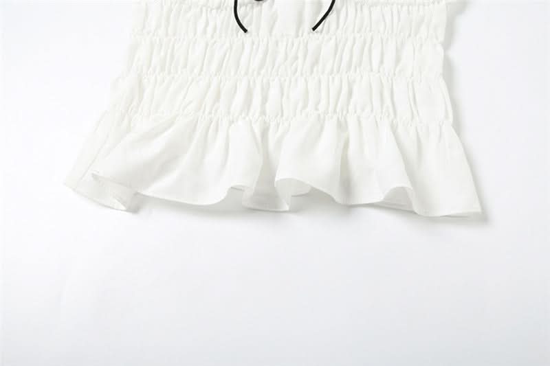 Flirty Coquette White Ruffle Mini Skirt Set - Ruched Spaghetti Strap Top & Tiered Skirt for Vacation & Halloween