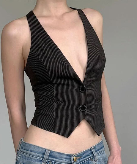 Chic Pinstripe Halter Vest Top - Cropped & Tailored for Fall Power Dressing