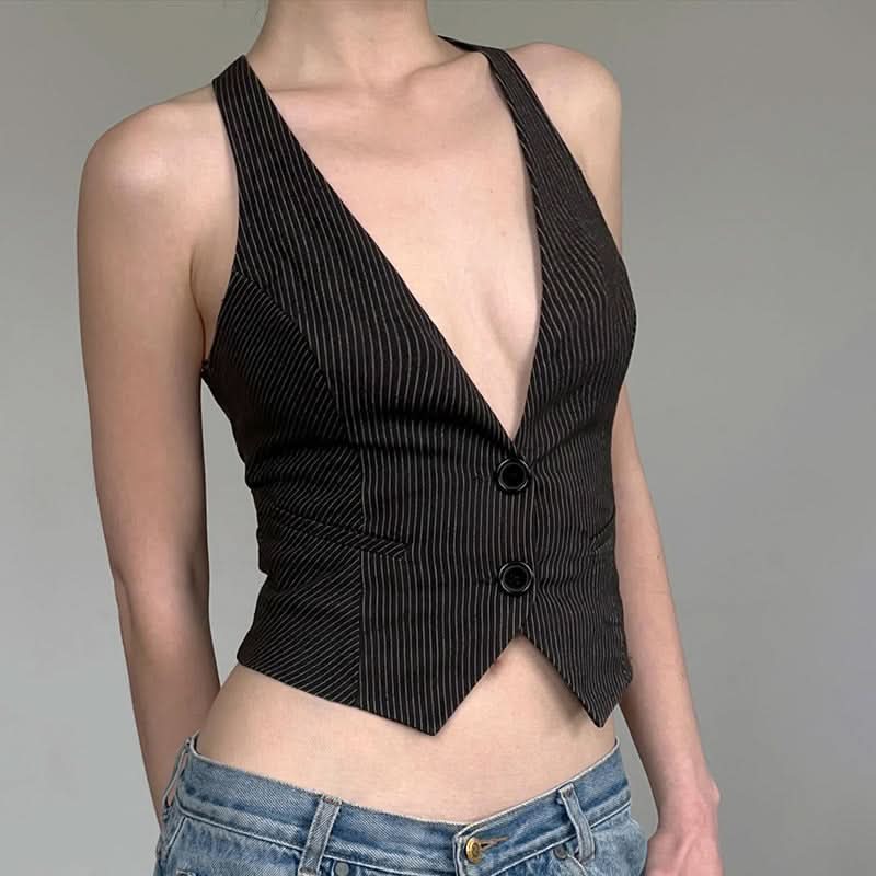 Chic Pinstripe Halter Vest Top - Cropped & Tailored for Fall Power Dressing