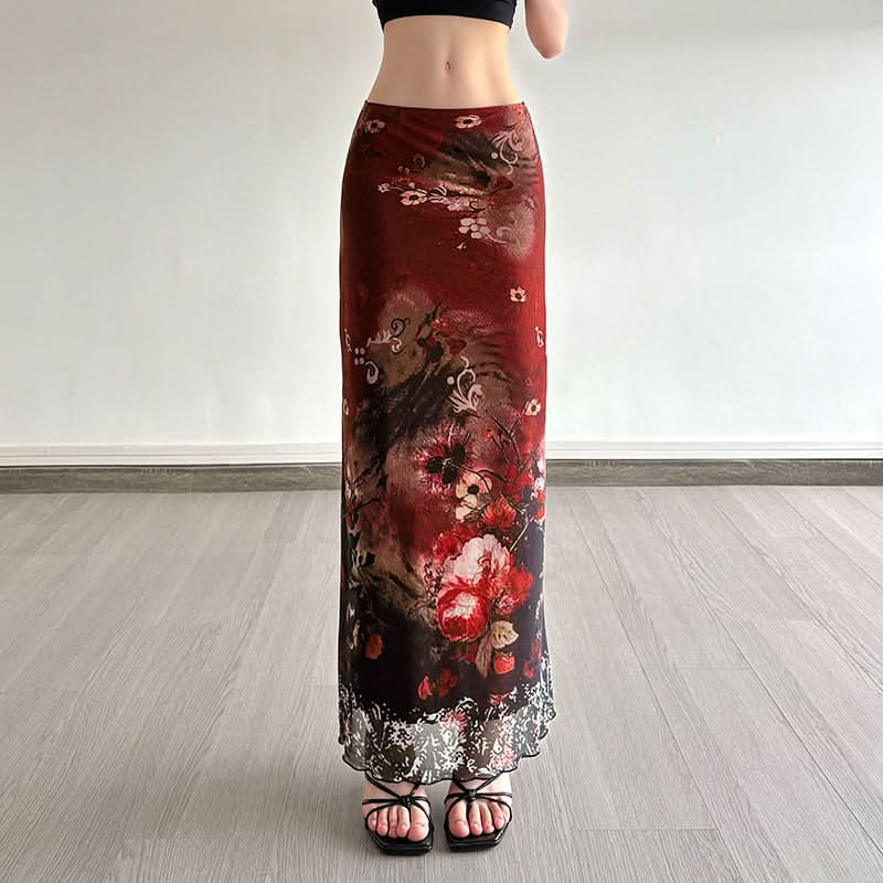 Vintage Bloom Mesh Maxi Skirt - Elegant Fall Floral Style