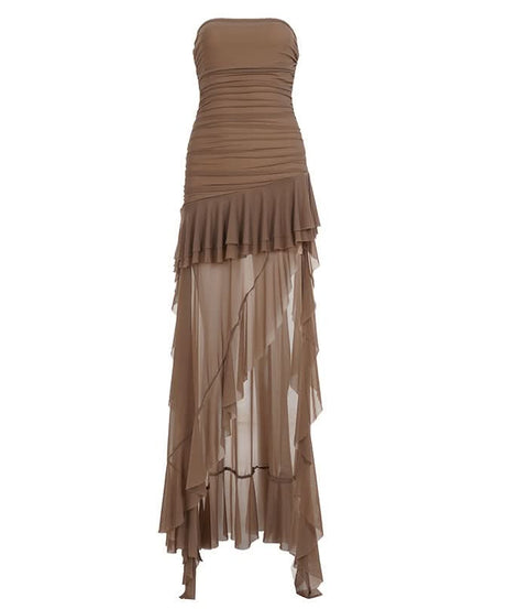 Fall Elegance: Mocha Ruched Mesh Ruffle Maxi Dress | Strapless & Event Ready