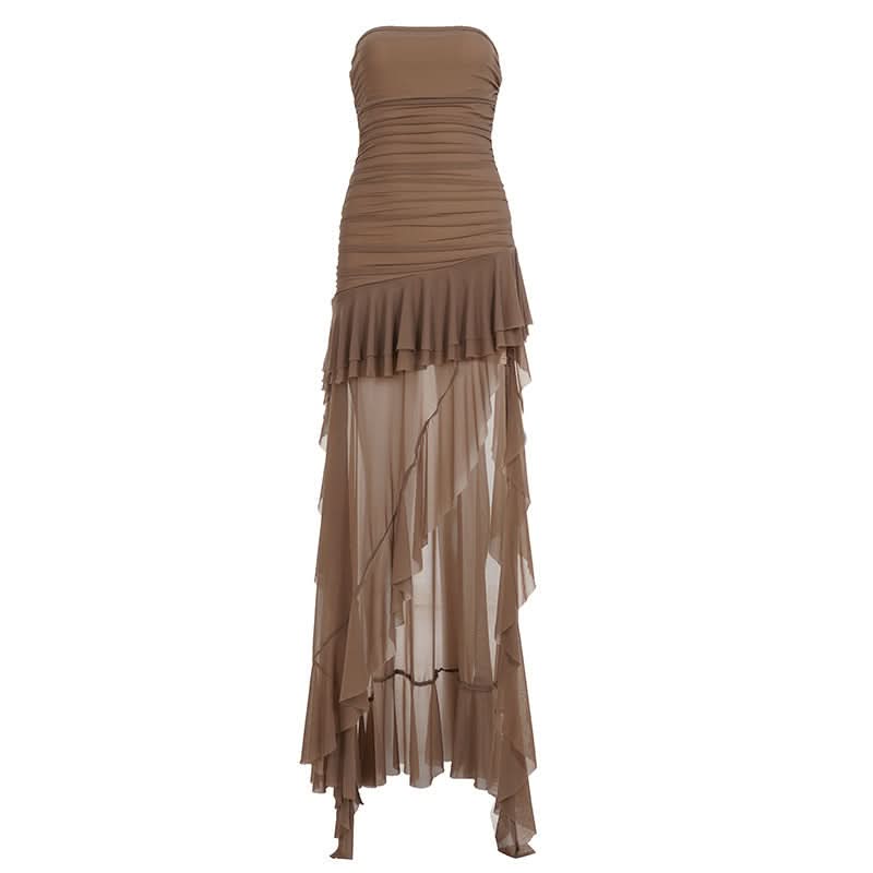 Fall Elegance: Mocha Ruched Mesh Ruffle Maxi Dress | Strapless & Event Ready