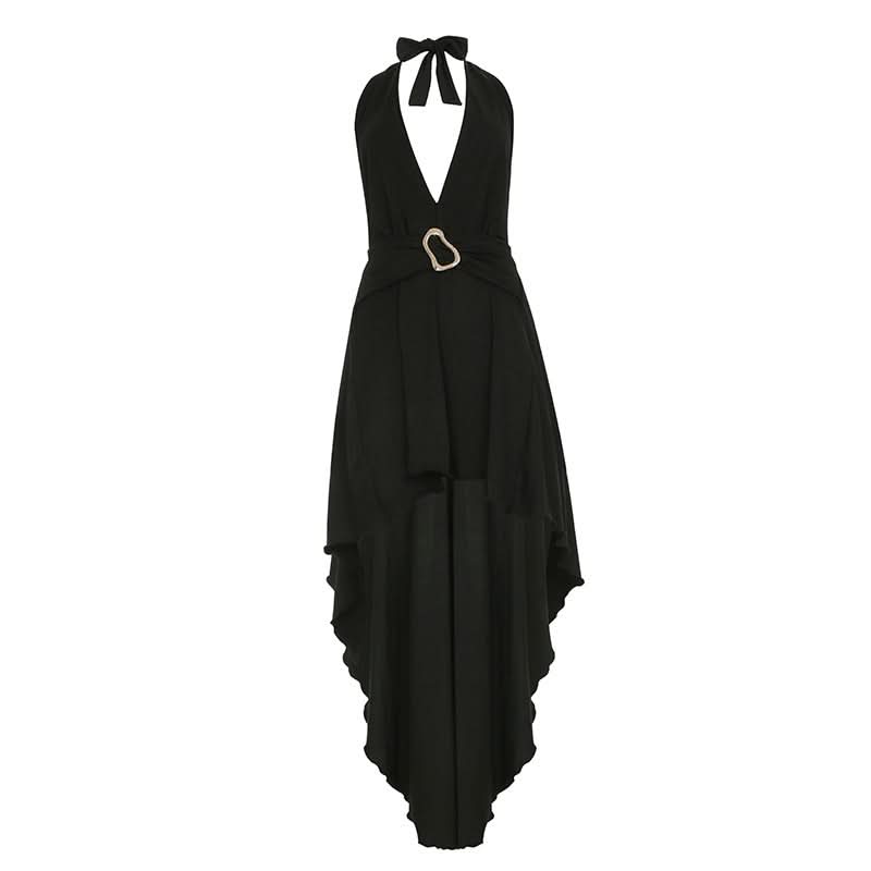 Effortless Elegance: Black Halter High-Low Dress with Sculpted Buckle – Fall & Holiday Ready
