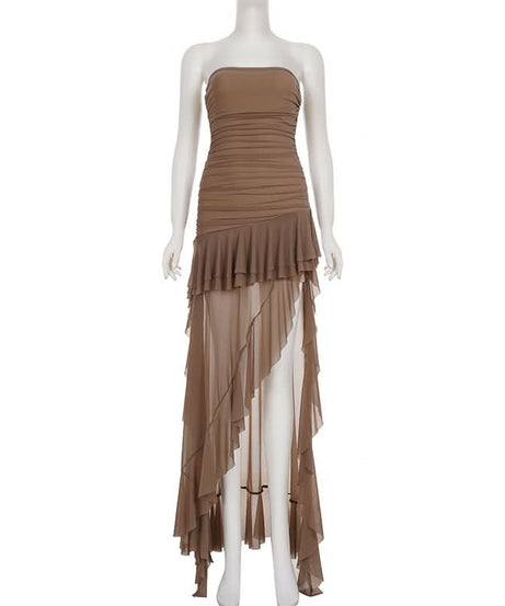 Fall Elegance: Mocha Ruched Mesh Ruffle Maxi Dress | Strapless & Event Ready