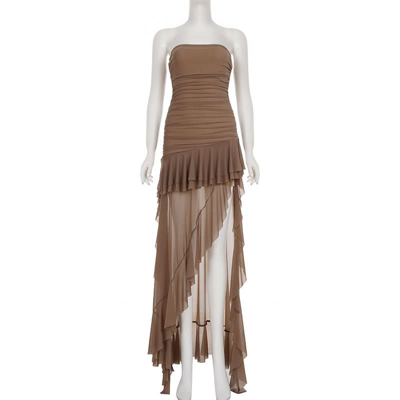 Fall Elegance: Mocha Ruched Mesh Ruffle Maxi Dress | Strapless & Event Ready