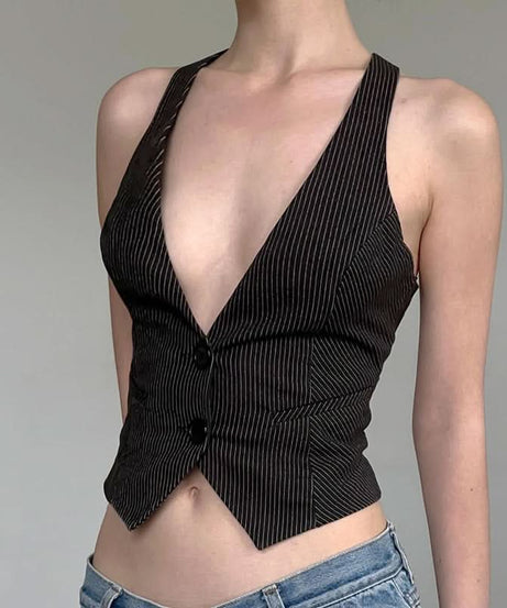 Chic Pinstripe Halter Vest Top - Cropped & Tailored for Fall Power Dressing