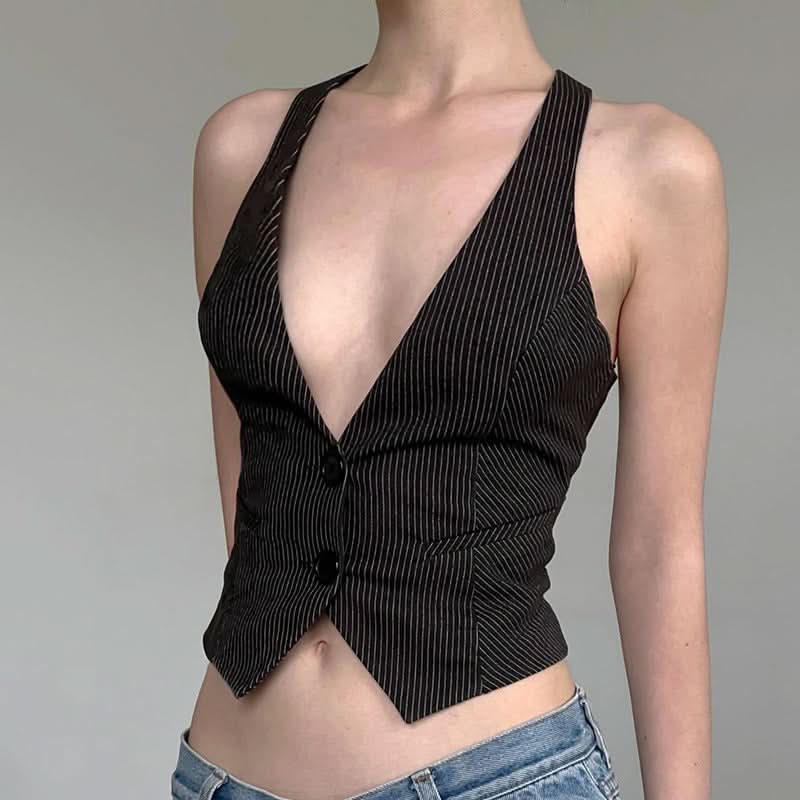 Chic Pinstripe Halter Vest Top - Cropped & Tailored for Fall Power Dressing