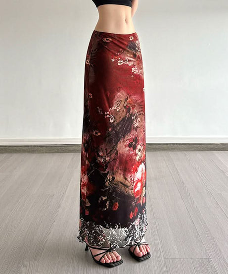 Vintage Bloom Mesh Maxi Skirt - Elegant Fall Floral Style