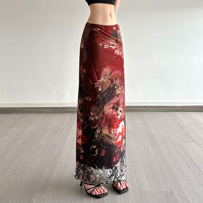 Vintage Bloom Mesh Maxi Skirt - Elegant Fall Floral Style