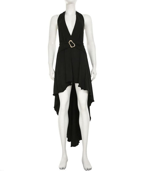 Effortless Elegance: Black Halter High-Low Dress with Sculpted Buckle – Fall & Holiday Ready