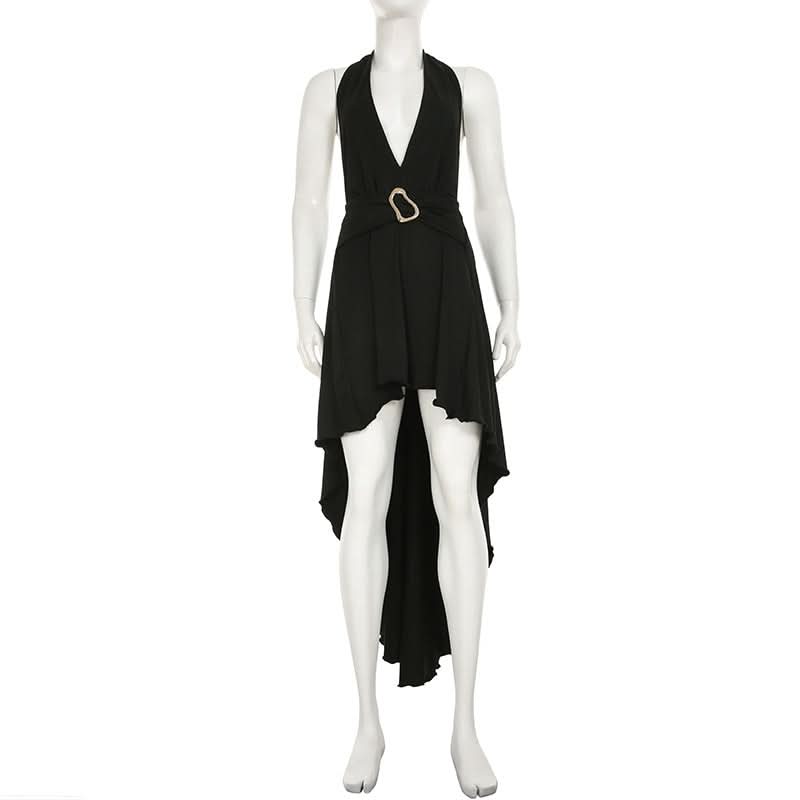 Effortless Elegance: Black Halter High-Low Dress with Sculpted Buckle – Fall & Holiday Ready