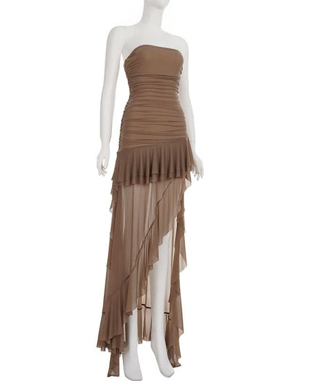 Fall Elegance: Mocha Ruched Mesh Ruffle Maxi Dress | Strapless & Event Ready