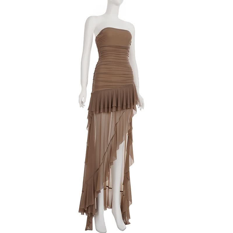 Fall Elegance: Mocha Ruched Mesh Ruffle Maxi Dress | Strapless & Event Ready