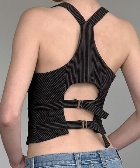 Chic Pinstripe Halter Vest Top - Cropped & Tailored for Fall Power Dressing