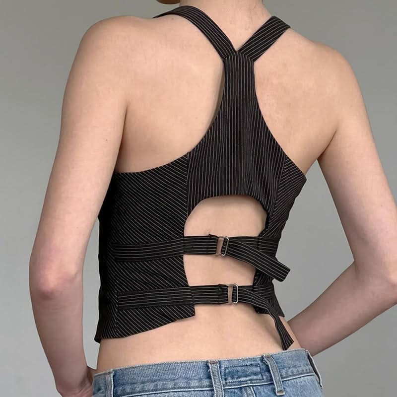 Chic Pinstripe Halter Vest Top - Cropped & Tailored for Fall Power Dressing