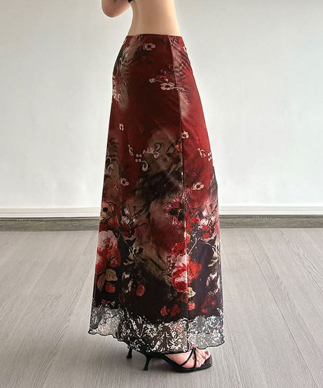 Vintage Bloom Mesh Maxi Skirt - Elegant Fall Floral Style