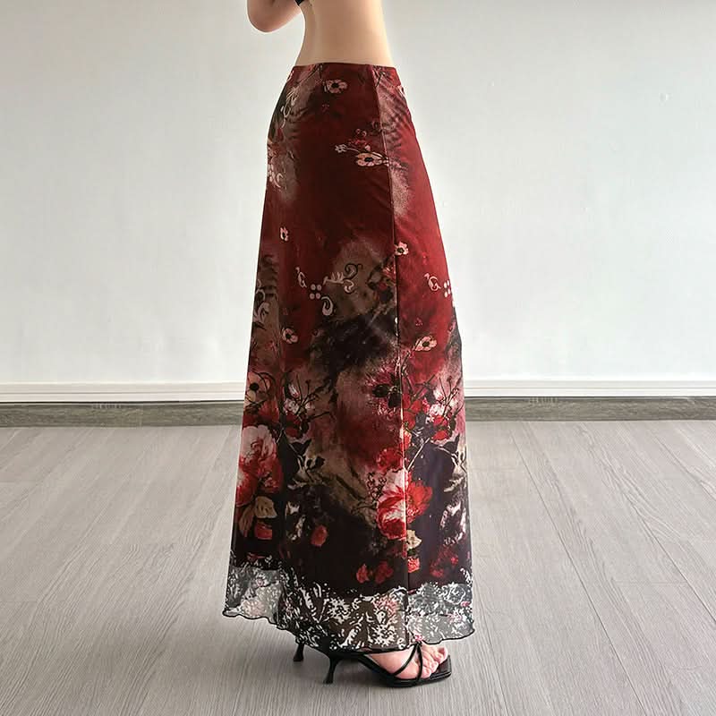 Vintage Bloom Mesh Maxi Skirt - Elegant Fall Floral Style