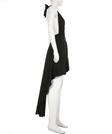 Effortless Elegance: Black Halter High-Low Dress with Sculpted Buckle – Fall & Holiday Ready