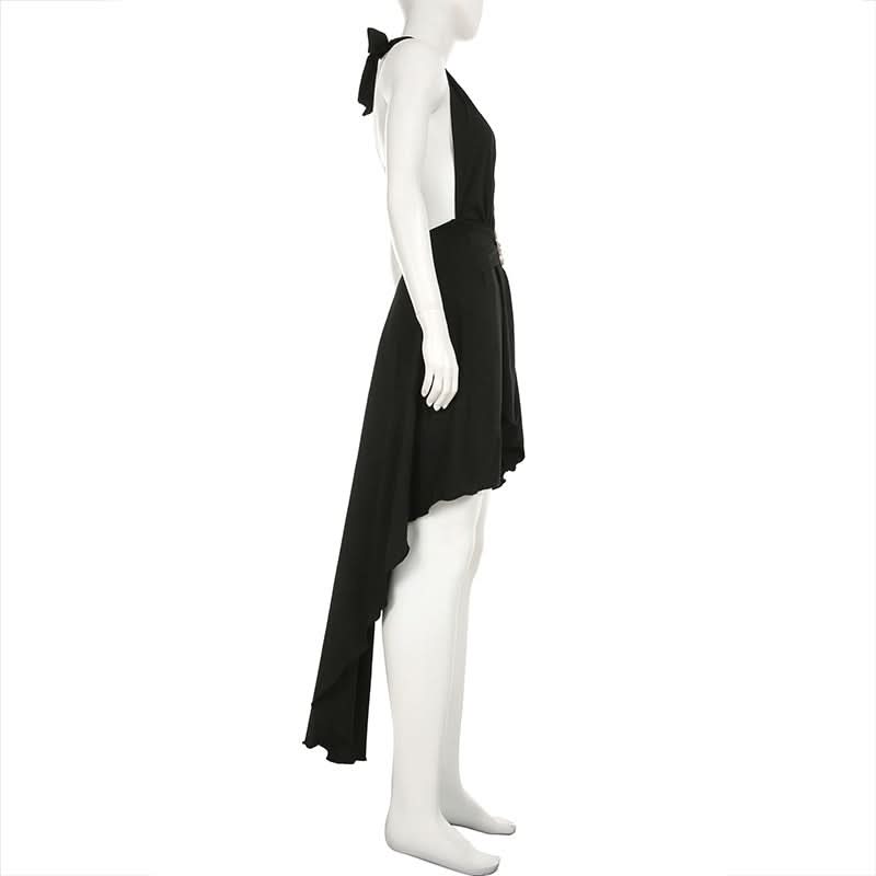 Effortless Elegance: Black Halter High-Low Dress with Sculpted Buckle – Fall & Holiday Ready