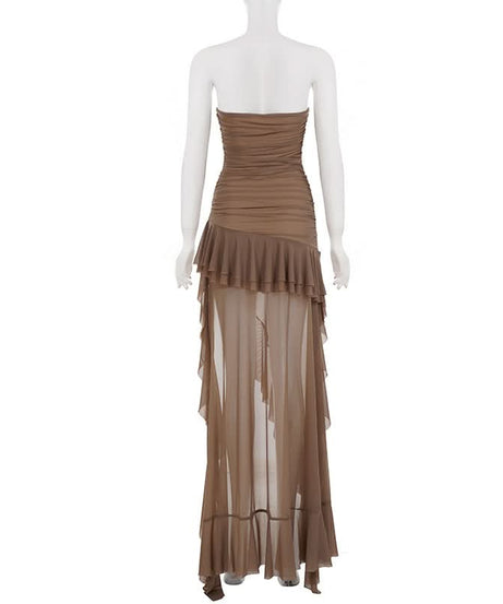 Fall Elegance: Mocha Ruched Mesh Ruffle Maxi Dress | Strapless & Event Ready